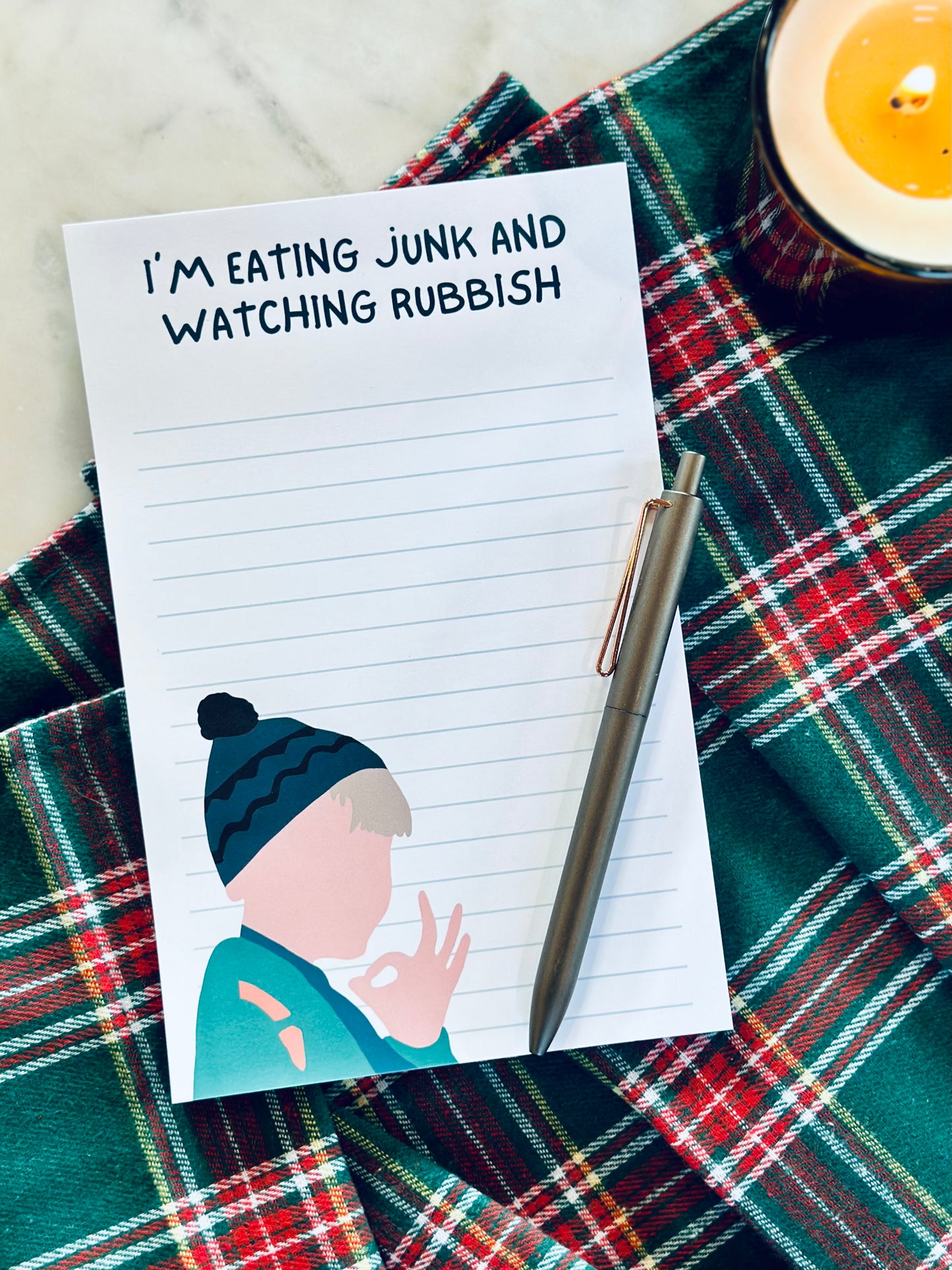 I'm Eating Junk and Watching Rubbish Notepad Half (5.5x8.5") & Quarter Page Notepad, Christmas Pop Culture Themed Notepad maedaymaedaymaeday
