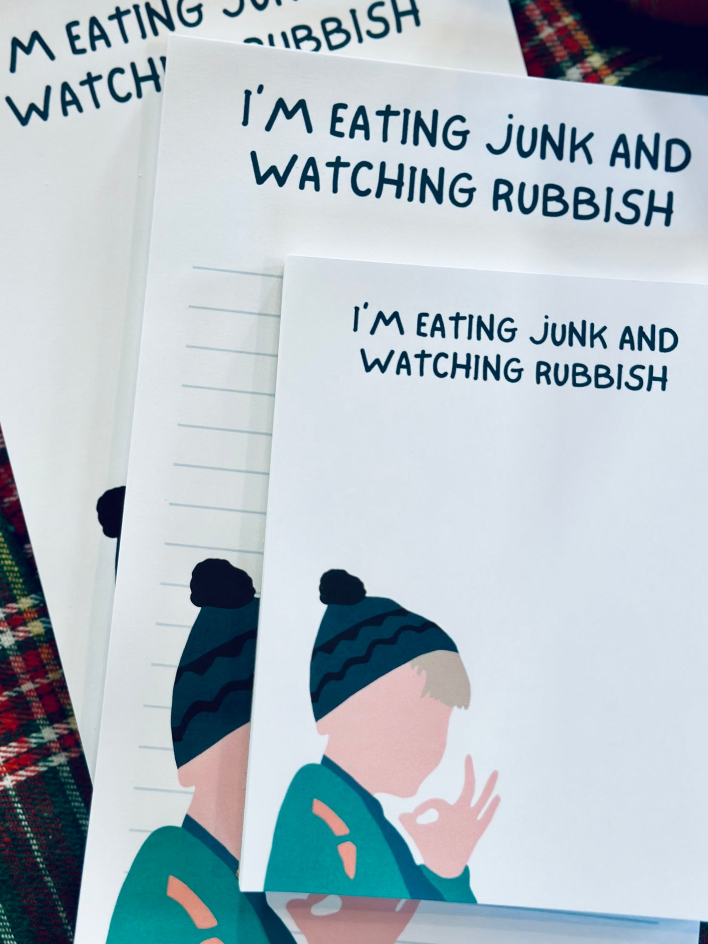 I'm Eating Junk and Watching Rubbish Notepad Half (5.5x8.5") & Quarter Page Notepad, Christmas Pop Culture Themed Notepad maedaymaedaymaeday