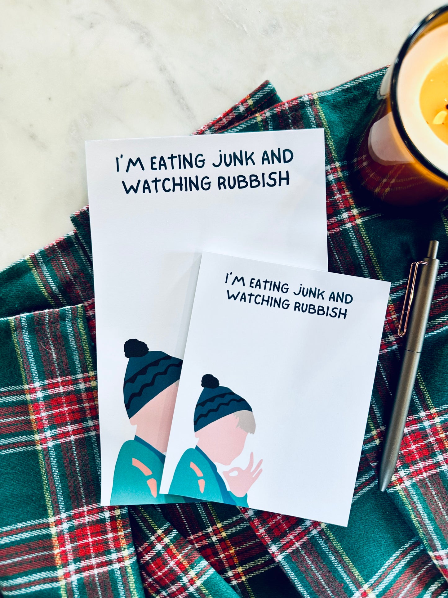 I'm Eating Junk and Watching Rubbish Notepad Half (5.5x8.5") & Quarter Page Notepad, Christmas Pop Culture Themed Notepad maedaymaedaymaeday
