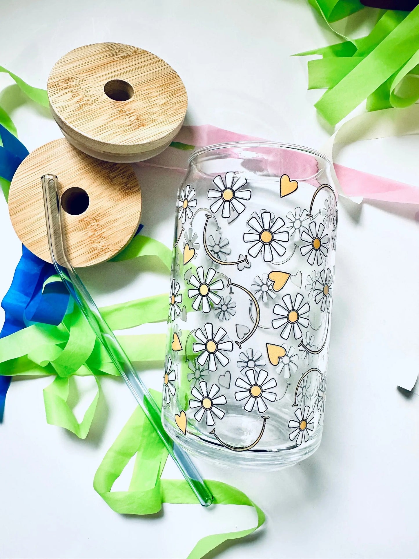 Daisy Smiley Face Glass Coffee Cup, Nature, Plant Mom, Floral Inspired Tumbler, Daisy Eyes Glass Beer Can, Cold Coffee Cup maedaymaedaymaeday