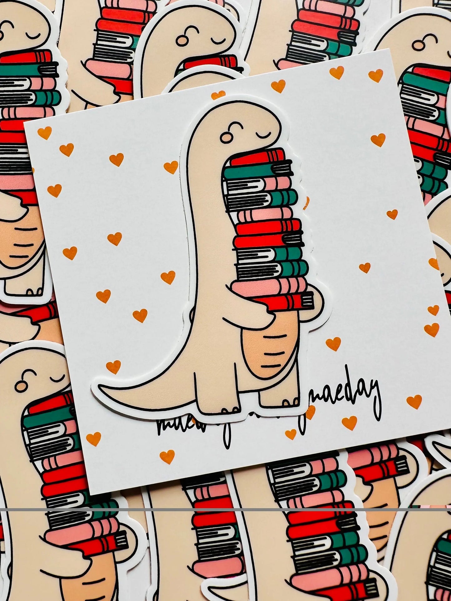 Dinosaur Book Lover Sticker, Dino Stack of Books Sticker, TRL Dino, Permanent Sticker, Trendy Sticker for Kindle, Laptop, Booktok, Bookish maedaymaedaymaeday