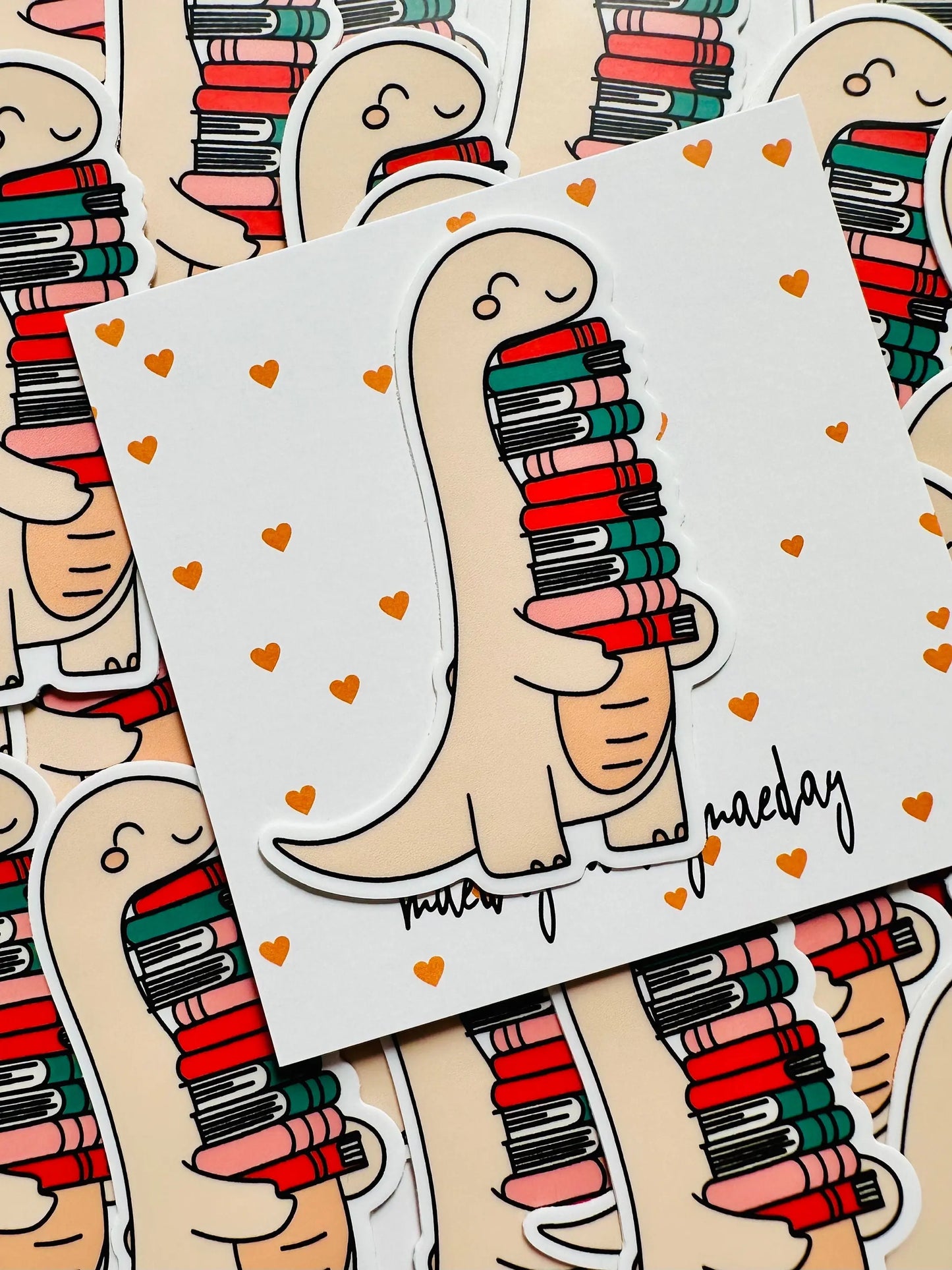 Dinosaur Book Lover Sticker, Dino Stack of Books Sticker, TRL Dino, Permanent Sticker, Trendy Sticker for Kindle, Laptop, Booktok, Bookish maedaymaedaymaeday