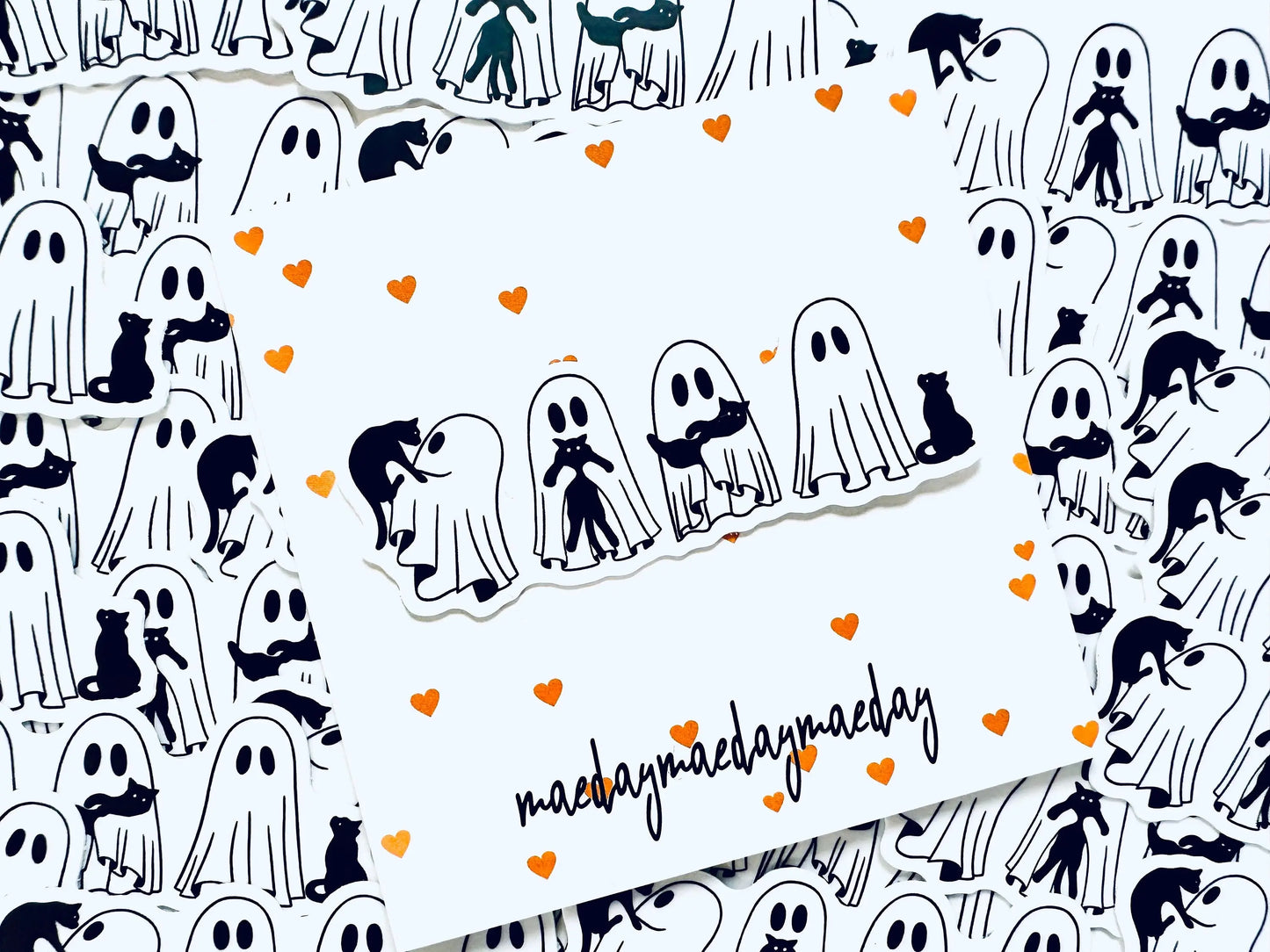 Halloween Ghosts with Black Cats Sticker, Cat Lover Sticker, Trendy Sticker for Kindle, Laptop, Water Bottle maedaymaedaymaeday
