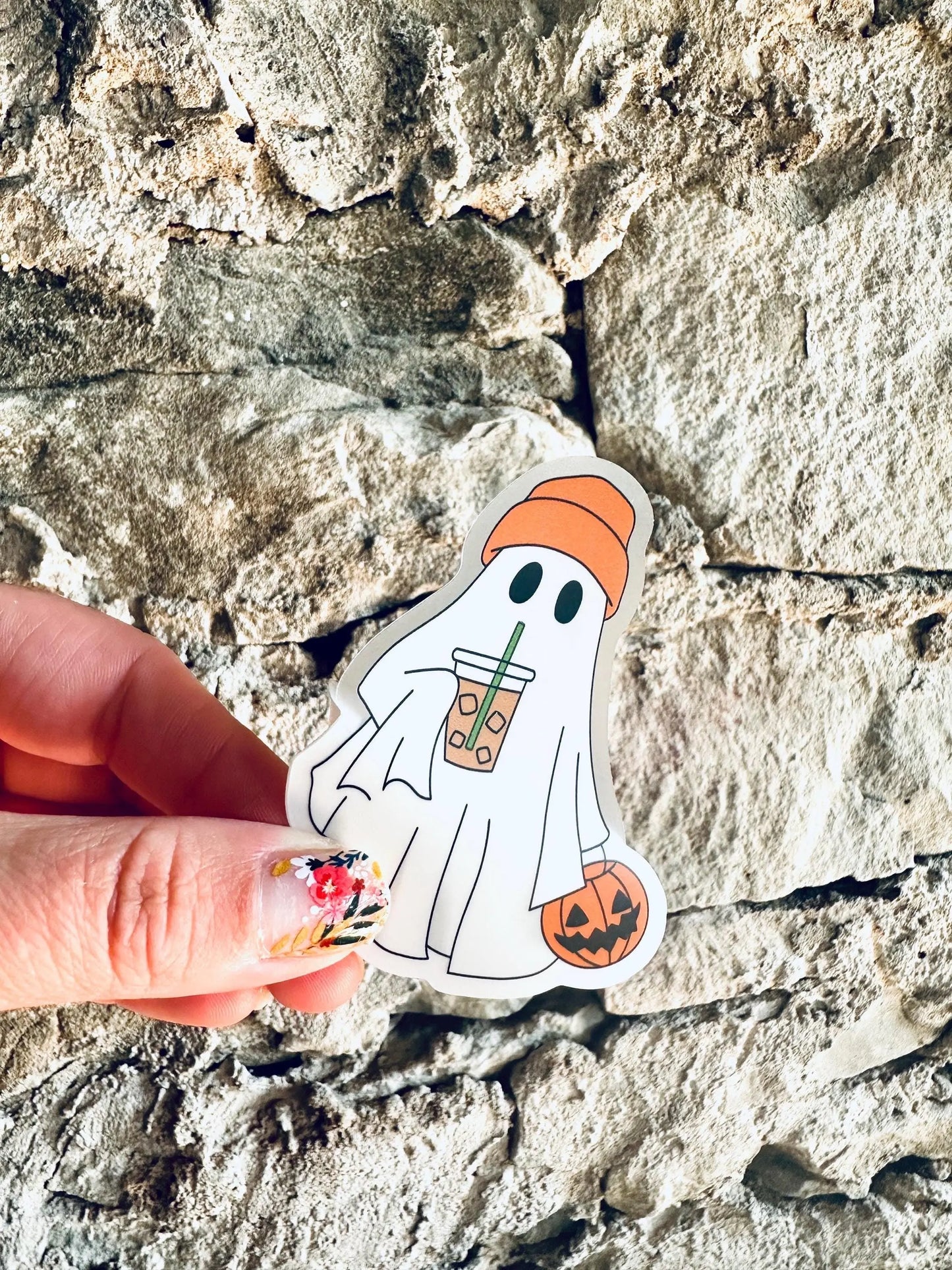Halloween Girl Boss Ghost Sticker with Pumpkin and Iced Coffee Sticker, Iced Coffee Trick 'o Treater Ghost, Ghost with Orange Hat Sticker maedaymaedaymaeday