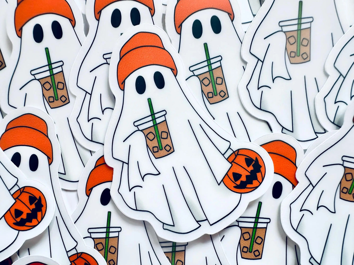 Halloween Girl Boss Ghost Sticker with Pumpkin and Iced Coffee Sticker, Iced Coffee Trick 'o Treater Ghost, Ghost with Orange Hat Sticker maedaymaedaymaeday