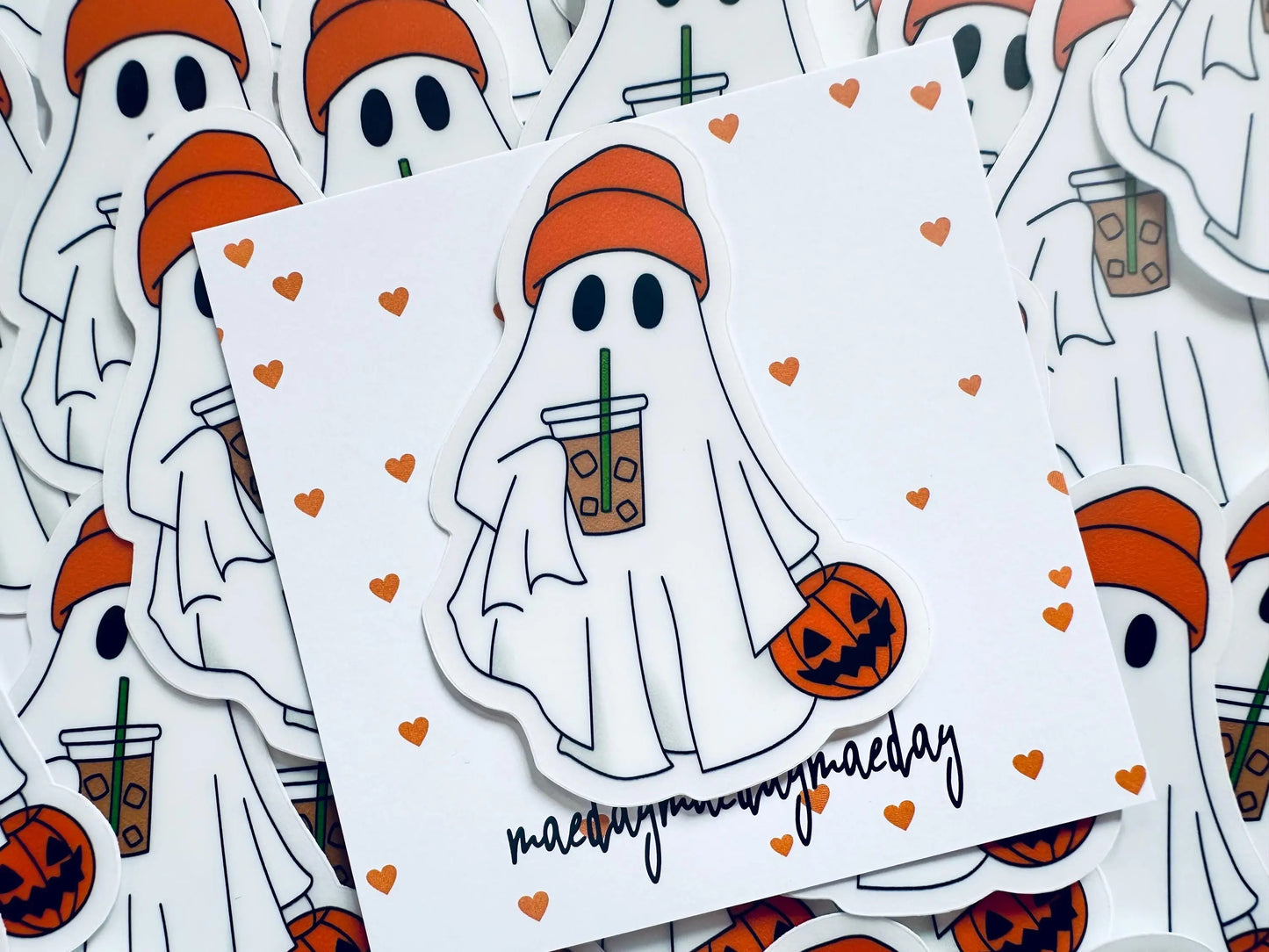 Halloween Girl Boss Ghost Sticker with Pumpkin and Iced Coffee Sticker, Iced Coffee Trick 'o Treater Ghost, Ghost with Orange Hat Sticker maedaymaedaymaeday