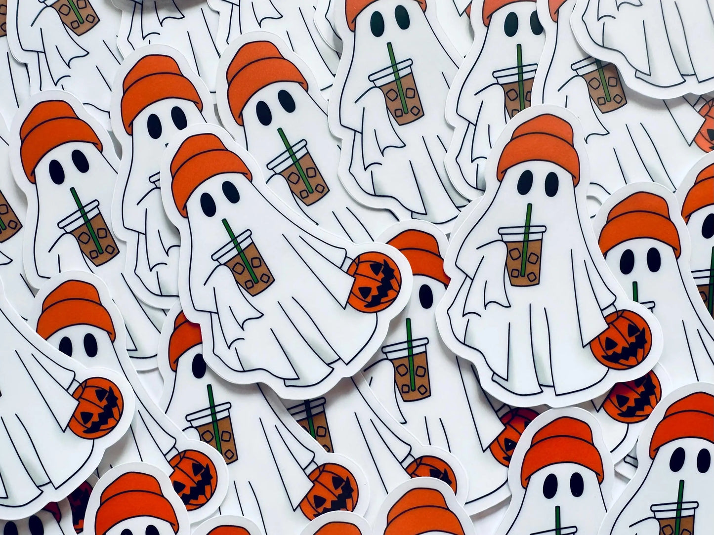 Halloween Girl Boss Ghost Sticker with Pumpkin and Iced Coffee Sticker, Iced Coffee Trick 'o Treater Ghost, Ghost with Orange Hat Sticker maedaymaedaymaeday