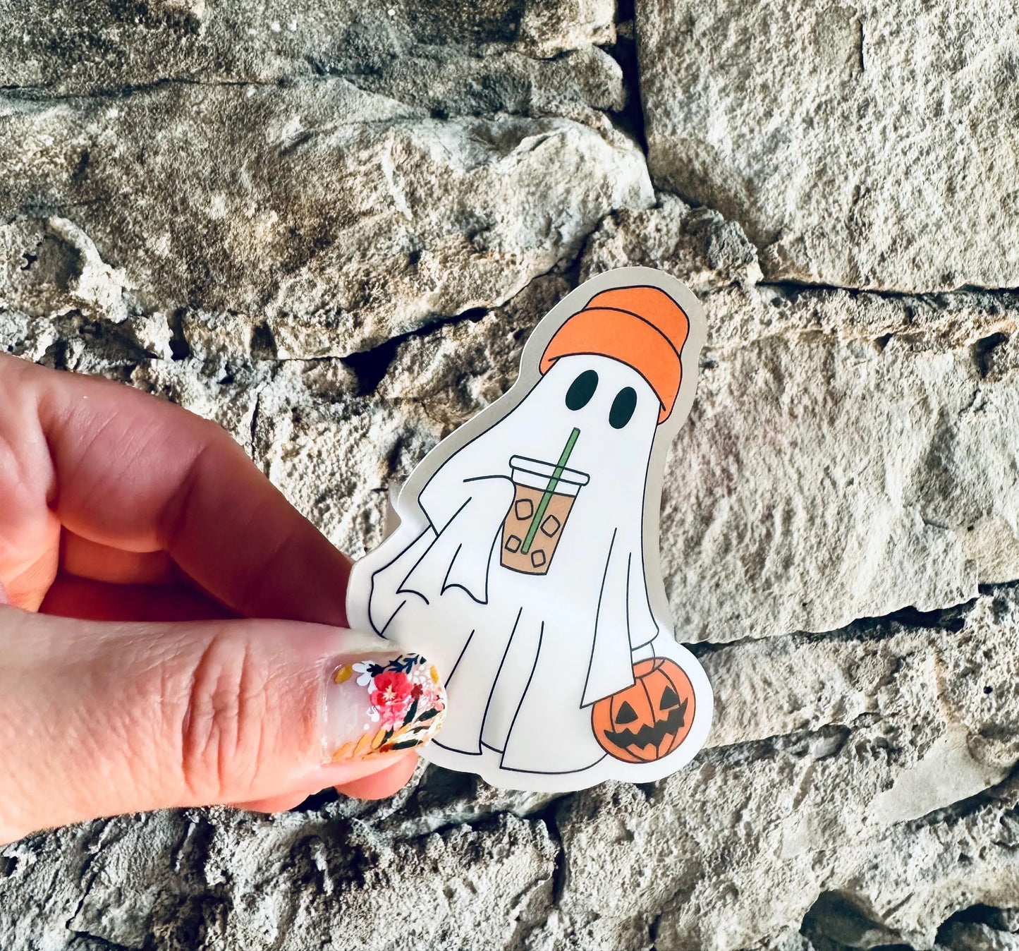 Halloween Girl Boss Ghost Sticker with Pumpkin and Iced Coffee Sticker, Iced Coffee Trick 'o Treater Ghost, Ghost with Orange Hat Sticker maedaymaedaymaeday