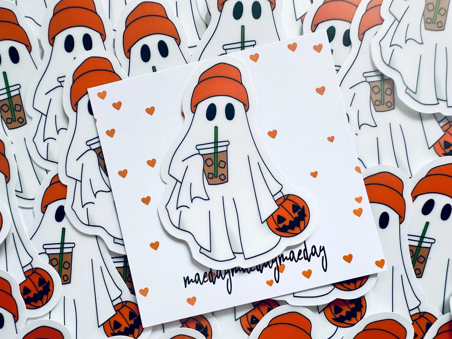 Halloween Girl Boss Ghost Sticker with Pumpkin and Iced Coffee Sticker, Iced Coffee Trick 'o Treater Ghost, Ghost with Orange Hat Sticker maedaymaedaymaeday