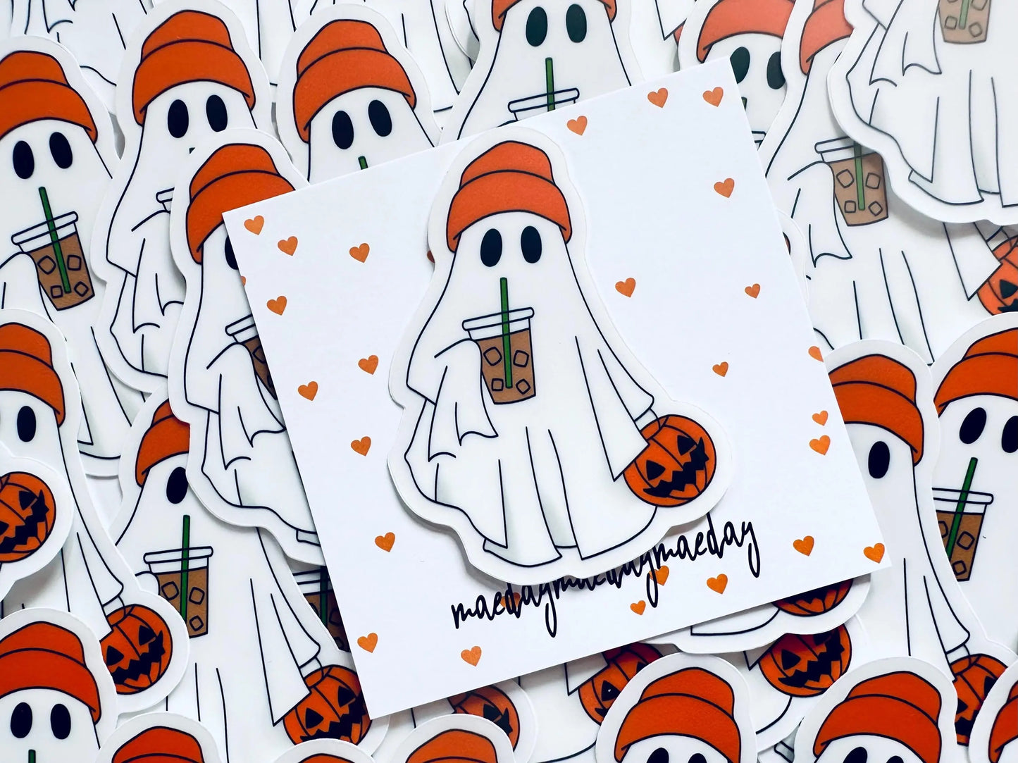 Halloween Girl Boss Ghost Sticker with Pumpkin and Iced Coffee Sticker, Iced Coffee Trick 'o Treater Ghost, Ghost with Orange Hat Sticker maedaymaedaymaeday