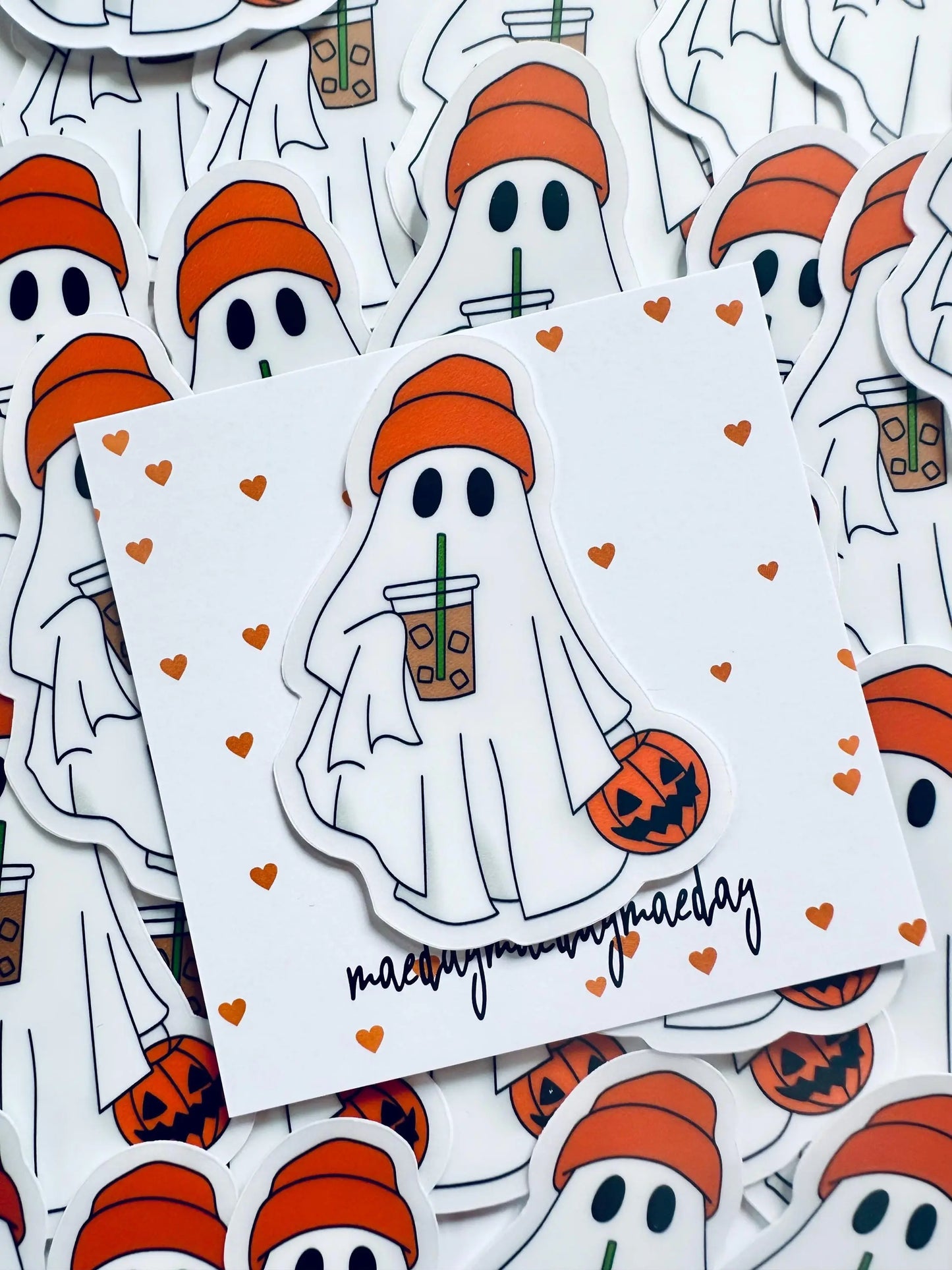 Halloween Girl Boss Ghost Sticker with Pumpkin and Iced Coffee Sticker, Iced Coffee Trick 'o Treater Ghost, Ghost with Orange Hat Sticker maedaymaedaymaeday