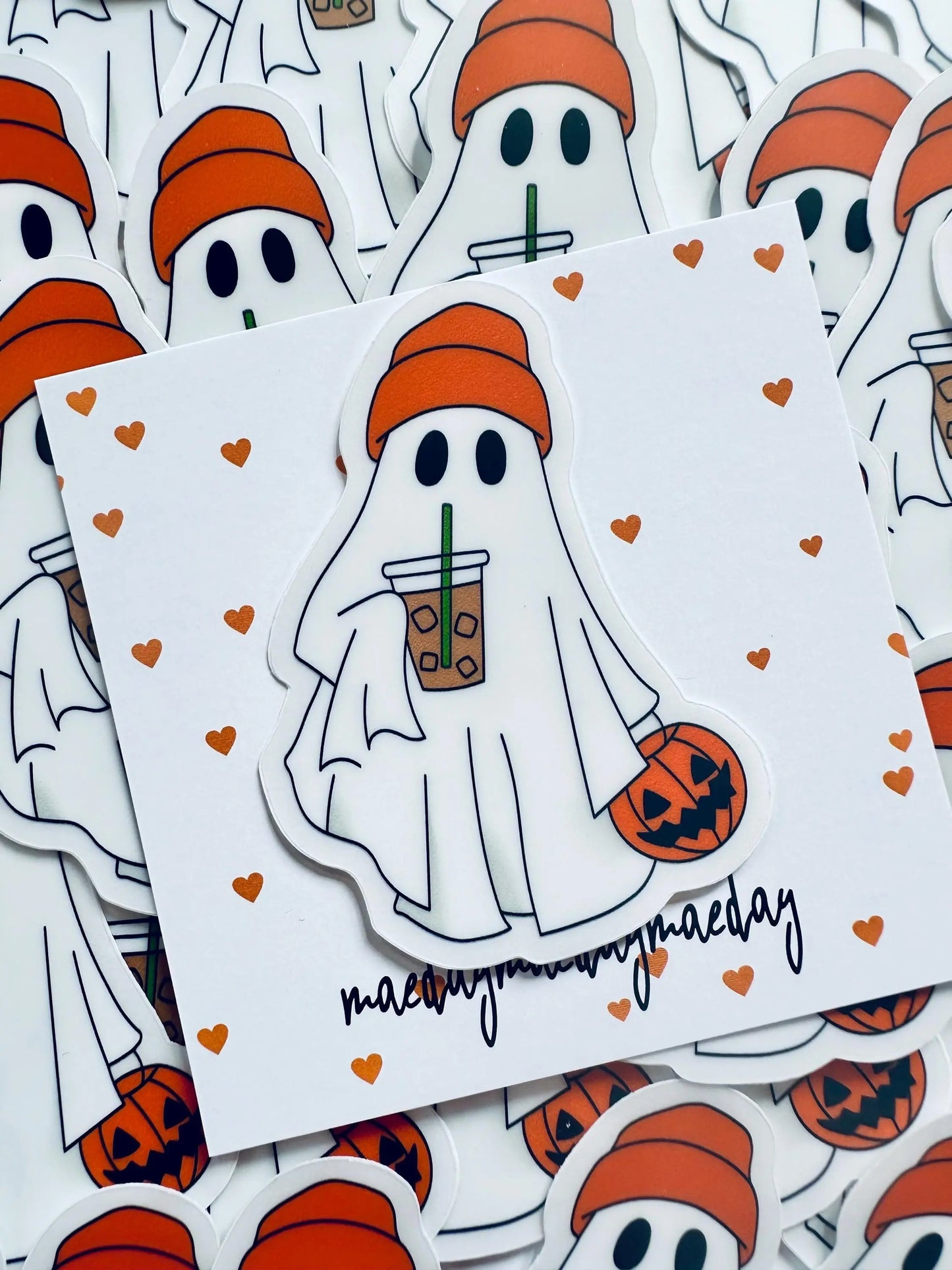Halloween Girl Boss Ghost Sticker with Pumpkin and Iced Coffee Sticker, Iced Coffee Trick 'o Treater Ghost, Ghost with Orange Hat Sticker maedaymaedaymaeday