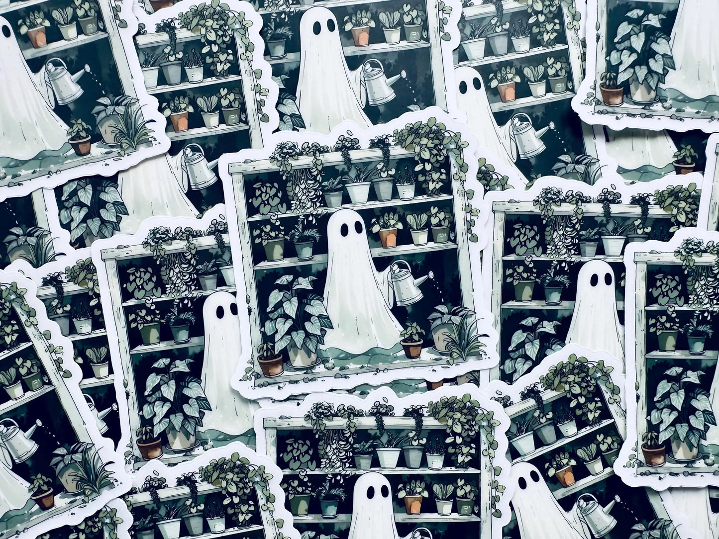 Halloween Greenhouse Ghost Sticker, Plant Mom/Lady Ghost, Spooky Season Sticker, Trendy Sticker for Kindle, Laptop, Water Bottle maedaymaedaymaeday