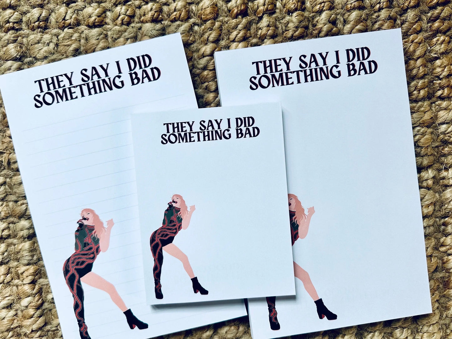 Pop Culture Queen Half (5.5x8.5") & Quarter Page Notepad, Reputation Era Merch, They Say I did Something Bad Notepad, Why's it Feel So Good maedaymaedaymaeday