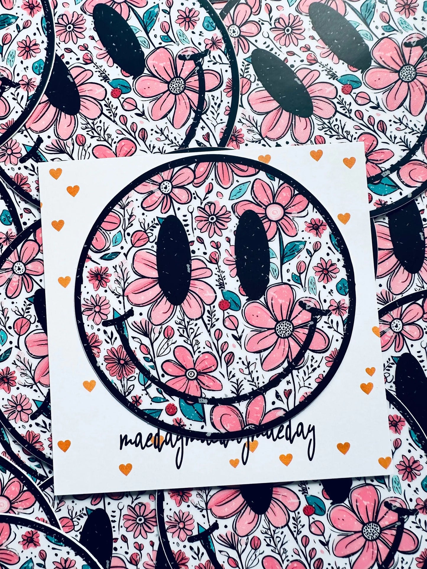 Round Distressed, Floral Smiley Sticker, Happy Days Sticker, Floral Sticker maedaymaedaymaeday