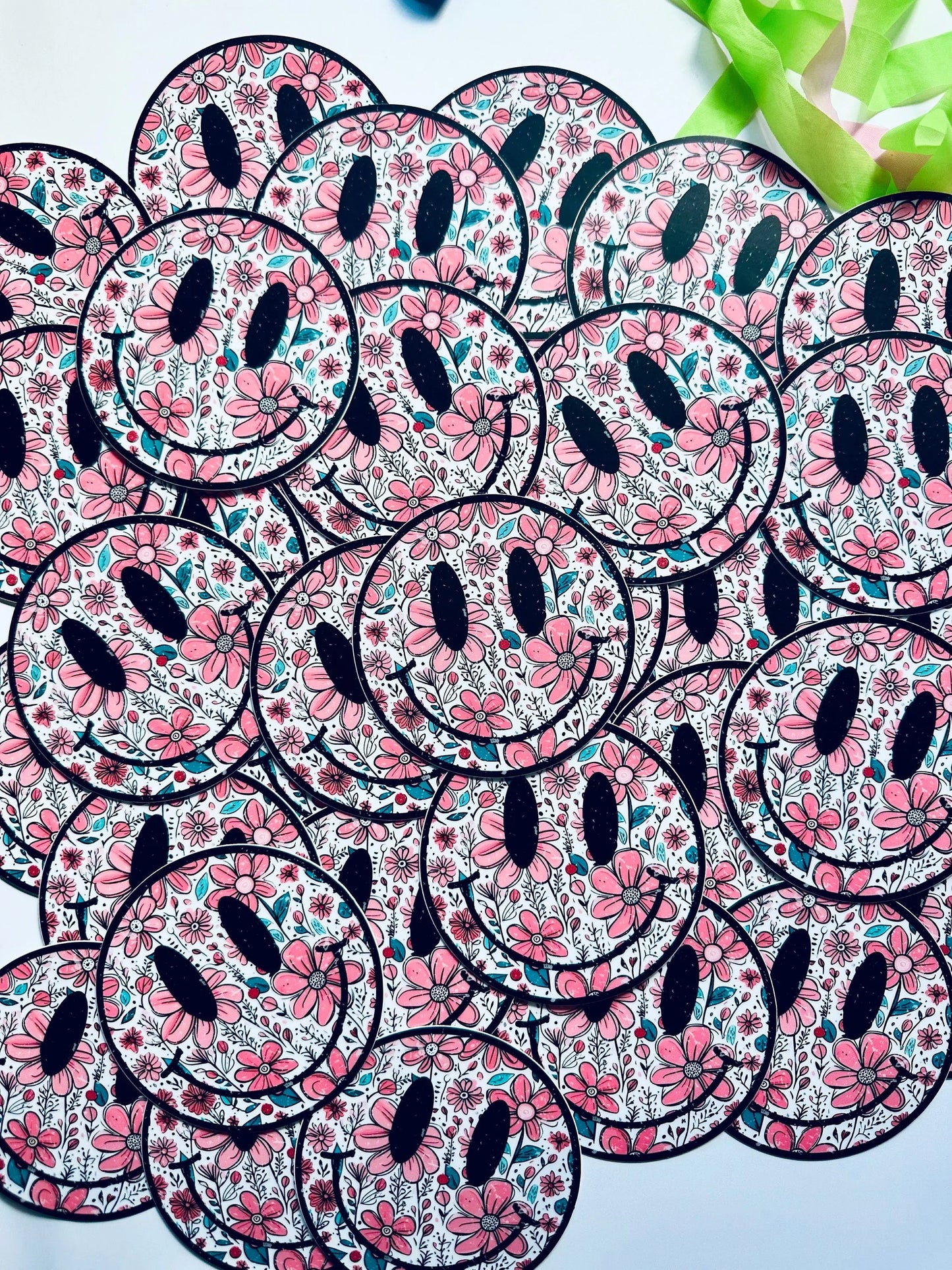 Round Distressed, Floral Smiley Sticker, Happy Days Sticker, Floral Sticker maedaymaedaymaeday