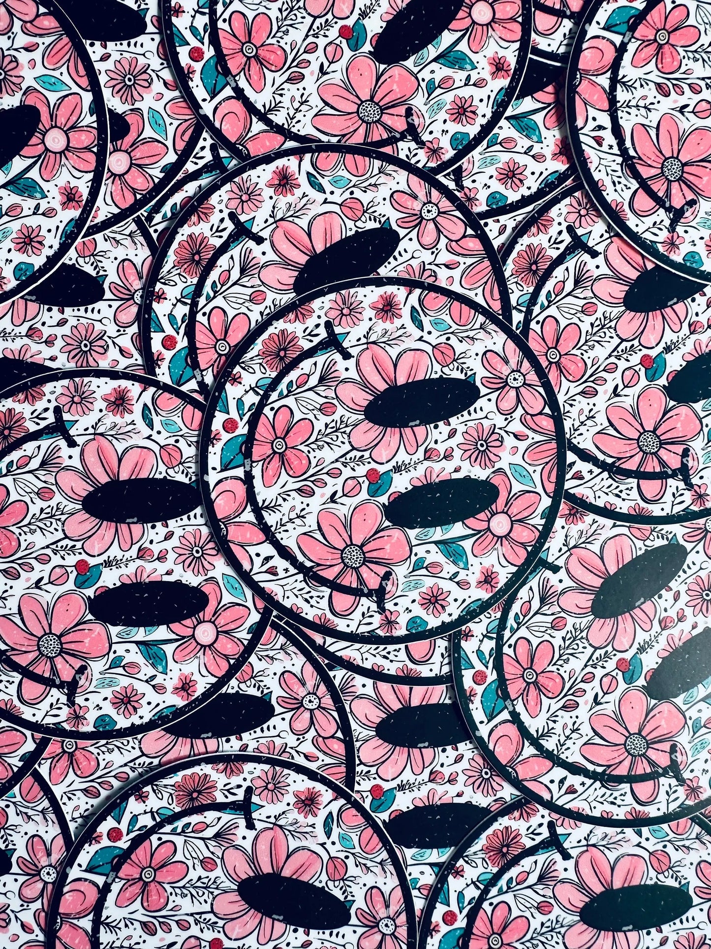 Round Distressed, Floral Smiley Sticker, Happy Days Sticker, Floral Sticker maedaymaedaymaeday