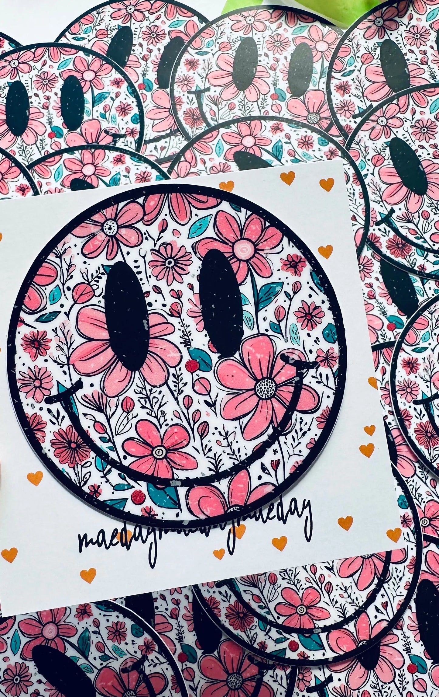 Round Distressed, Floral Smiley Sticker, Happy Days Sticker, Floral Sticker maedaymaedaymaeday