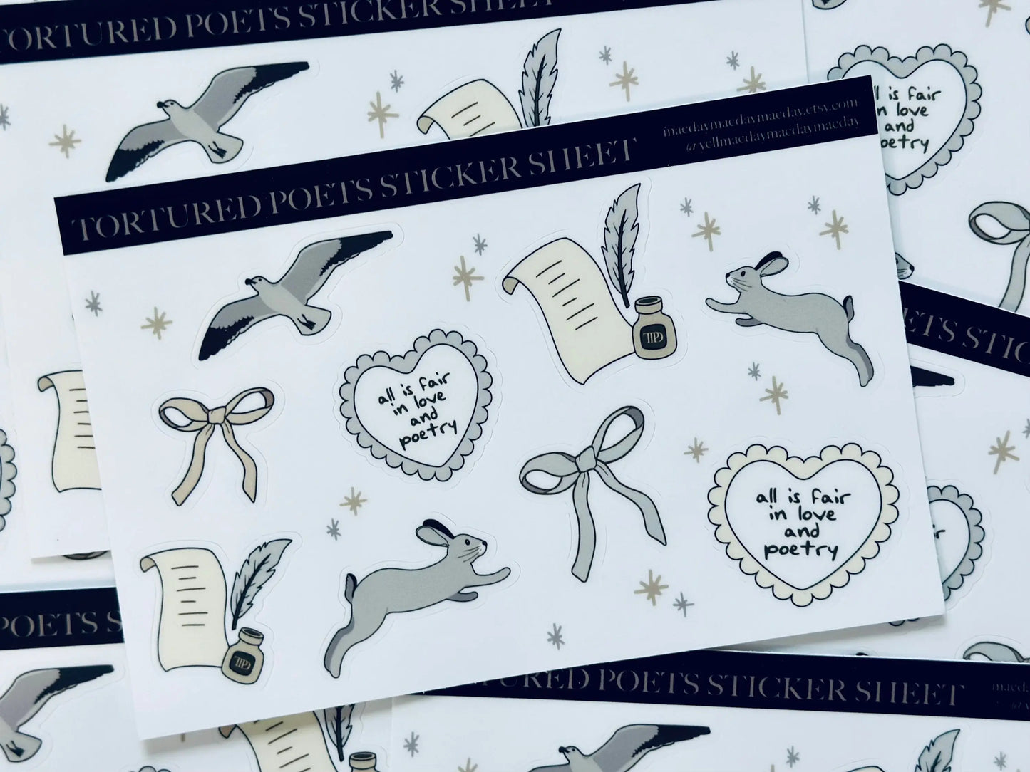 TTPD Inspired Sticker Sheet, Tortured Poets, All is fair in Love and Poetry, Albatross, Hare, TTPD Waterproof Sticker, Planning & Journaling maedaymaedaymaeday