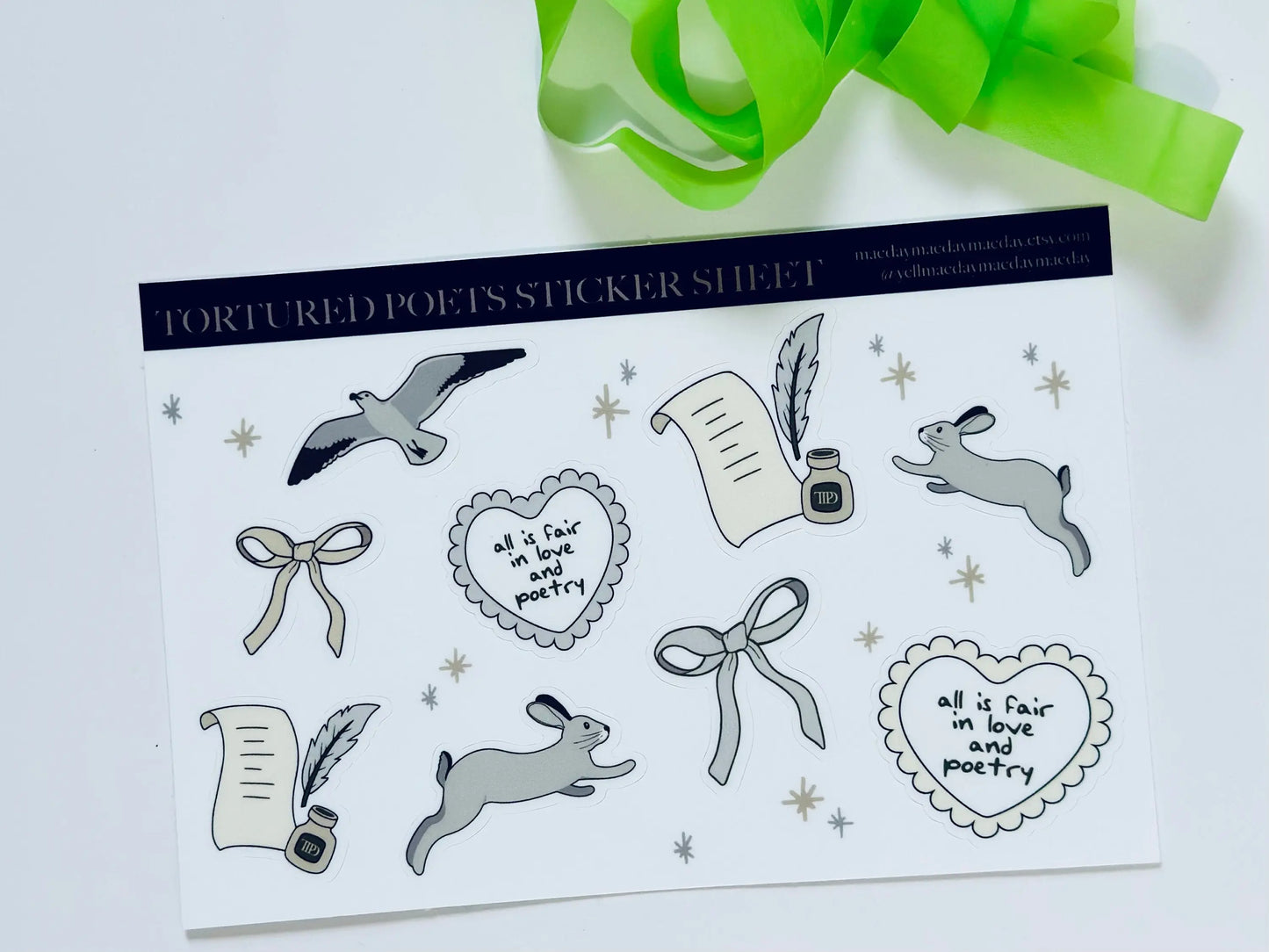 TTPD Inspired Sticker Sheet, Tortured Poets, All is fair in Love and Poetry, Albatross, Hare, TTPD Waterproof Sticker, Planning & Journaling maedaymaedaymaeday