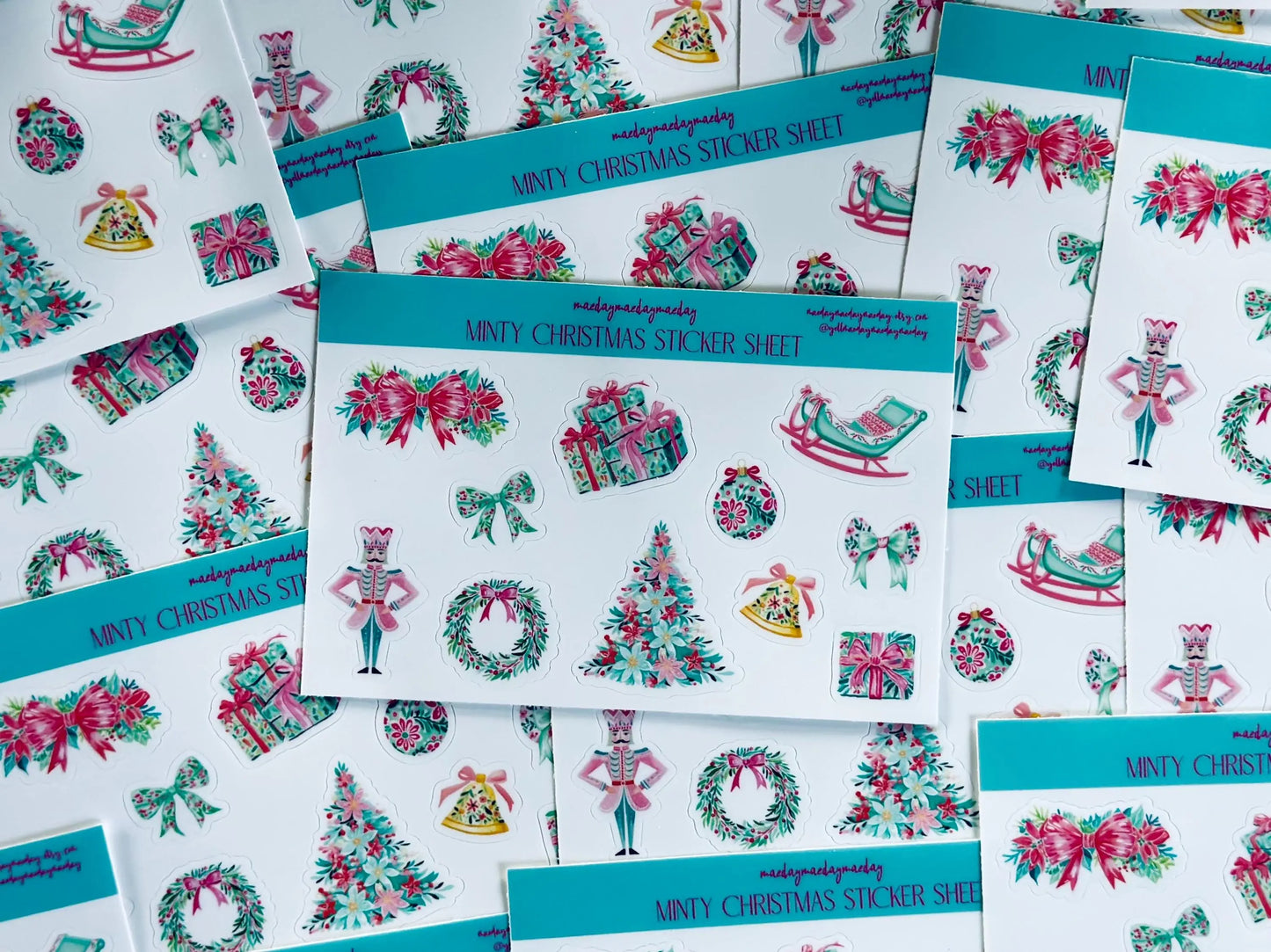 Waterproof Preppy Christmas Sticker Sheet, Nutcracker, Minty Floral Christmas, Pink and Green Christmas Sticker, Holiday Croquette Aesthetic maedaymaedaymaeday