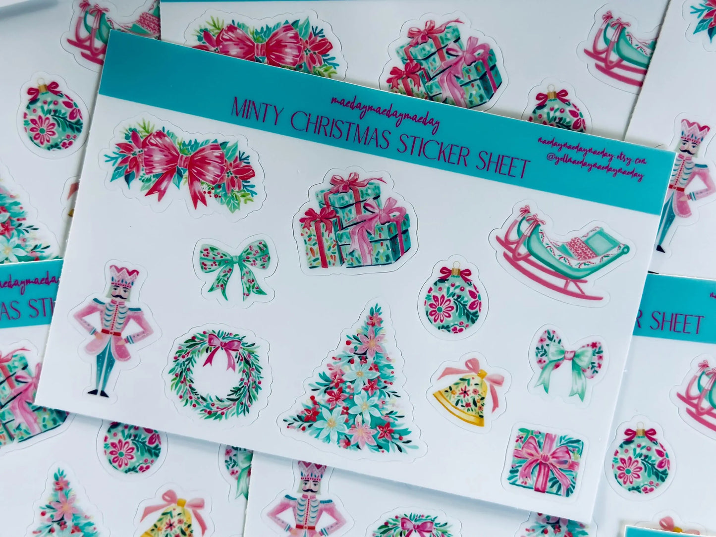 Waterproof Preppy Christmas Sticker Sheet, Nutcracker, Minty Floral Christmas, Pink and Green Christmas Sticker, Holiday Croquette Aesthetic maedaymaedaymaeday