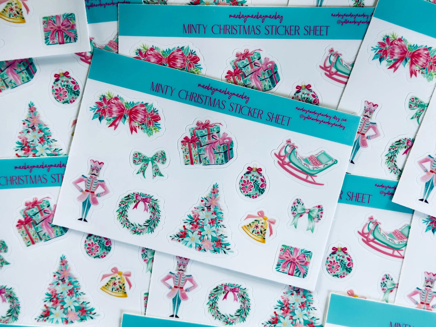 Waterproof Preppy Christmas Sticker Sheet, Nutcracker, Minty Floral Christmas, Pink and Green Christmas Sticker, Holiday Croquette Aesthetic maedaymaedaymaeday