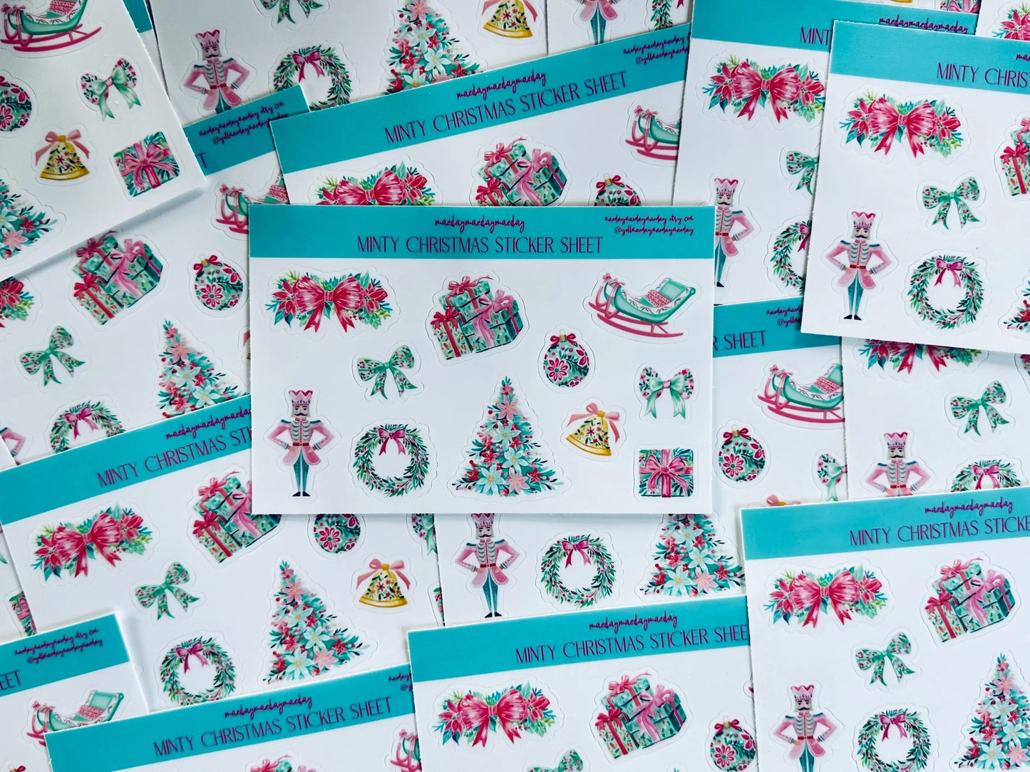 Waterproof Preppy Christmas Sticker Sheet, Nutcracker, Minty Floral Christmas, Pink and Green Christmas Sticker, Holiday Croquette Aesthetic maedaymaedaymaeday
