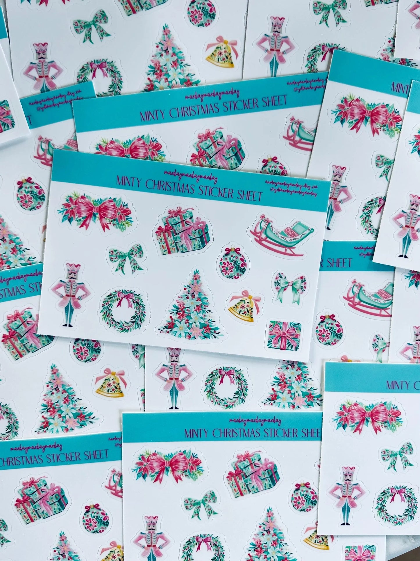 Waterproof Preppy Christmas Sticker Sheet, Nutcracker, Minty Floral Christmas, Pink and Green Christmas Sticker, Holiday Croquette Aesthetic maedaymaedaymaeday