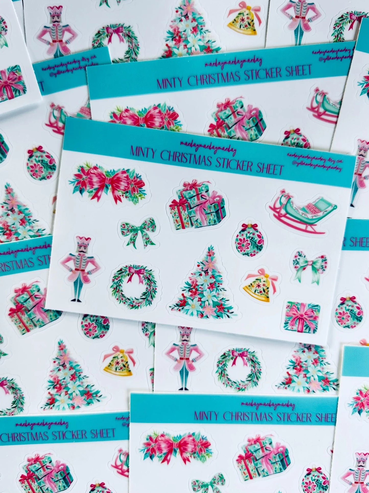 Waterproof Preppy Christmas Sticker Sheet, Nutcracker, Minty Floral Christmas, Pink and Green Christmas Sticker, Holiday Croquette Aesthetic maedaymaedaymaeday