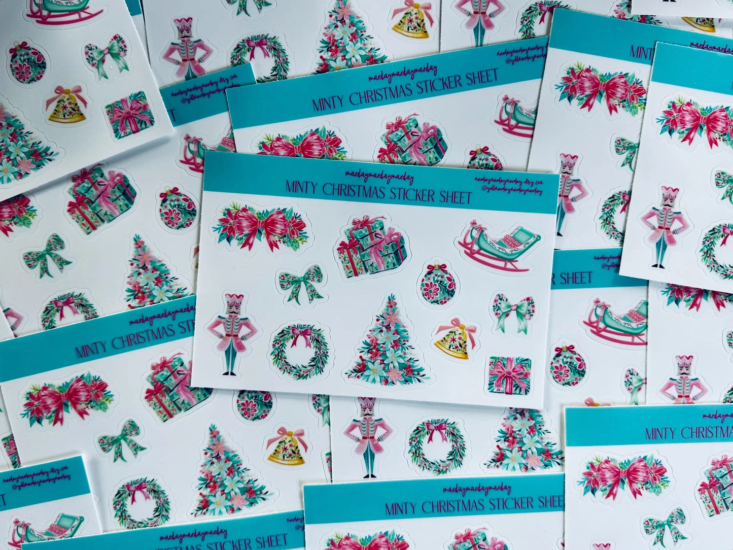 Waterproof Preppy Christmas Sticker Sheet, Nutcracker, Minty Floral Christmas, Pink and Green Christmas Sticker, Holiday Croquette Aesthetic maedaymaedaymaeday