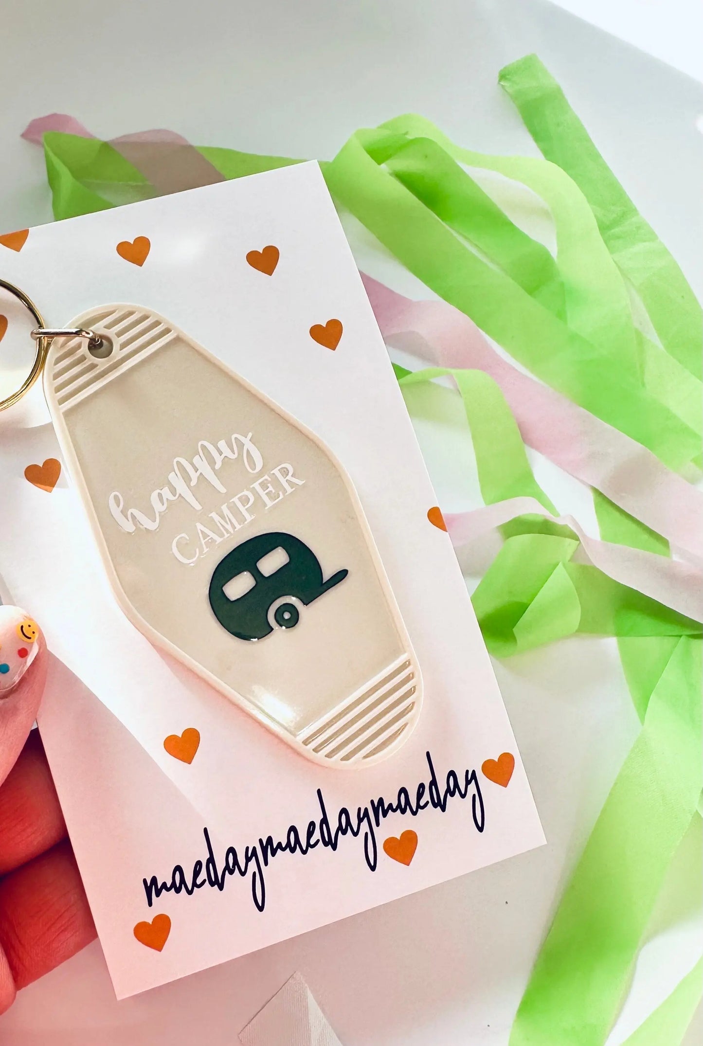happy camper keychain, vintage motel keychain maedaymaedaymaeday