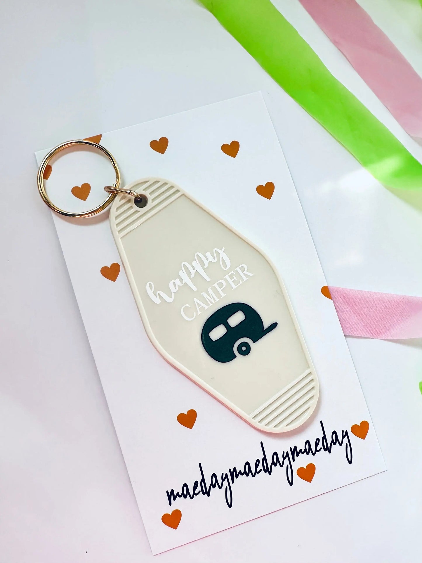 happy camper keychain, vintage motel keychain maedaymaedaymaeday
