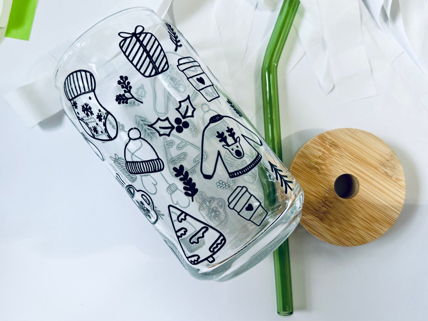 Christmas/Winter Doodle Glass Soda Can, Christmas Tree Glass Beer Can, Cold Coffee Cup, Minimalist Holiday Doodle maedaymaedaymaeday
