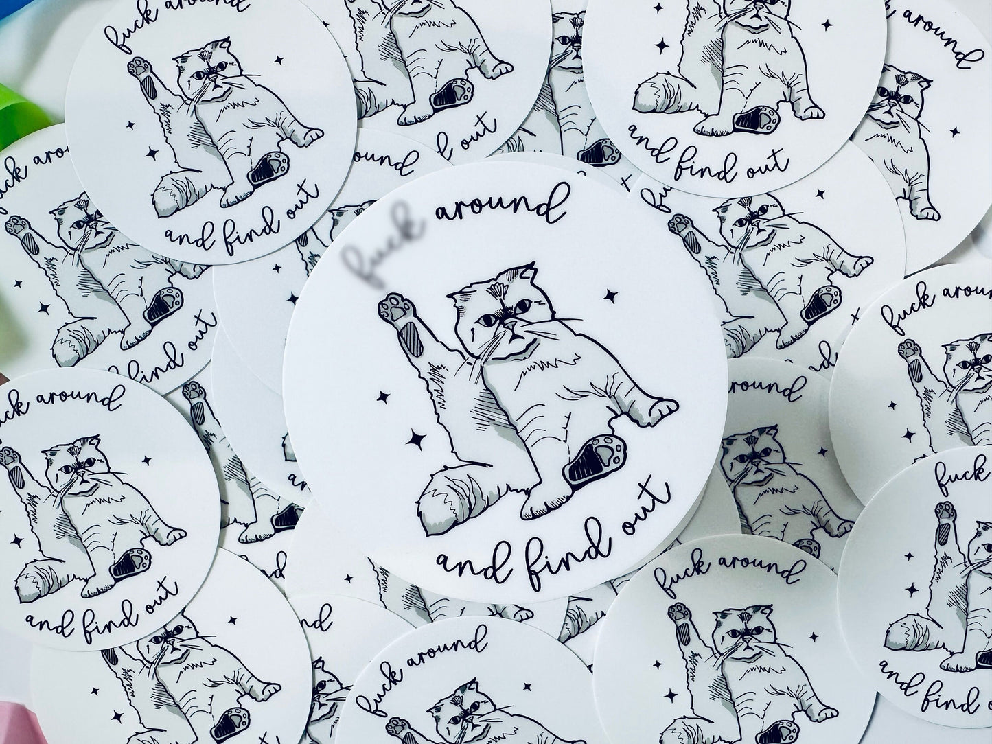 Fuck Around and Find Out, Funny Cat Sticker, Olivia Benson Swift Cat Sticker, Vinyl Sticker, 3" Round Laptop Sticker maedaymaedaymaeday