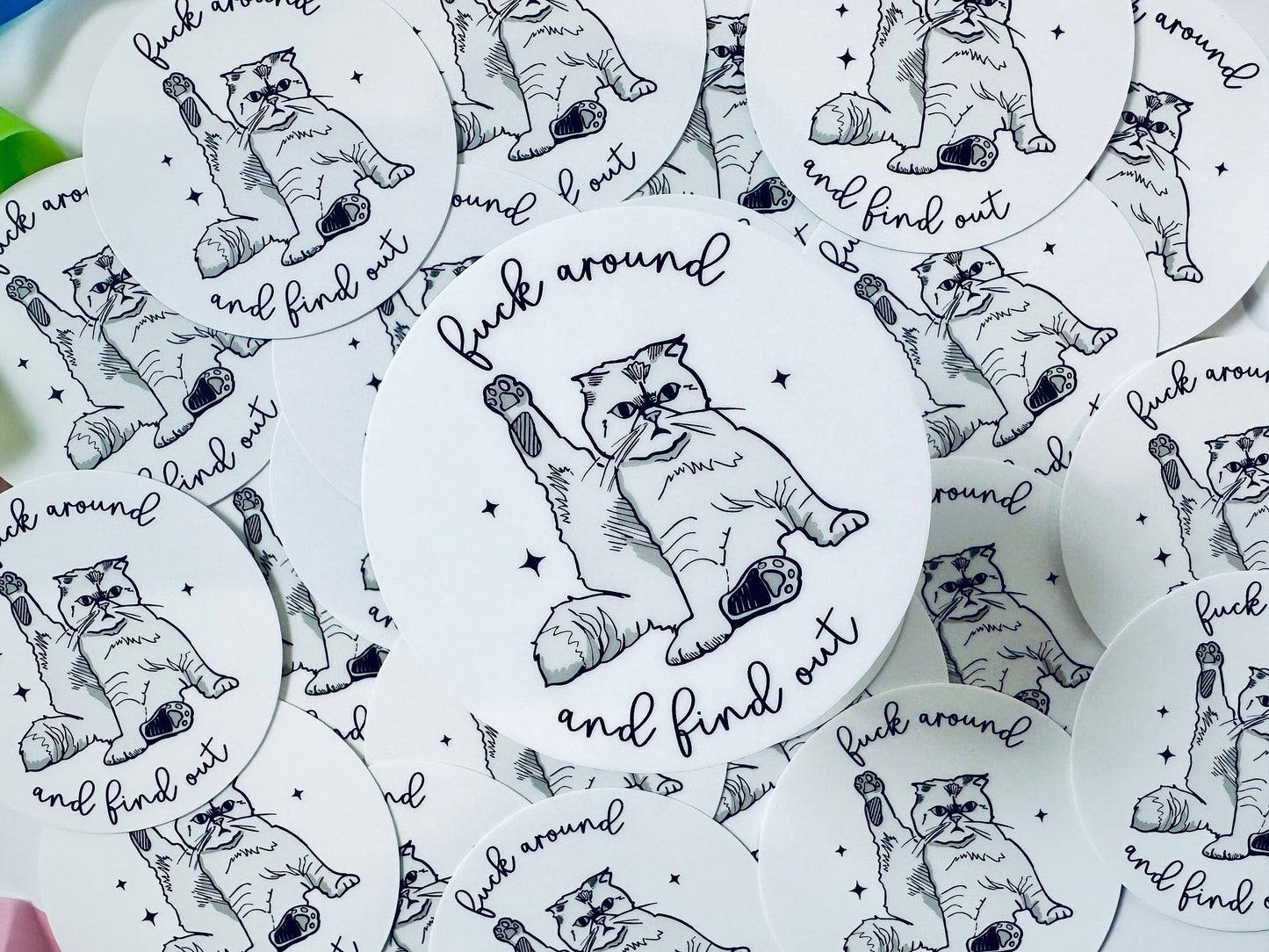 Fuck Around and Find Out, Funny Cat Sticker, Olivia Benson Swift Cat Sticker, Vinyl Sticker, 3" Round Laptop Sticker maedaymaedaymaeday