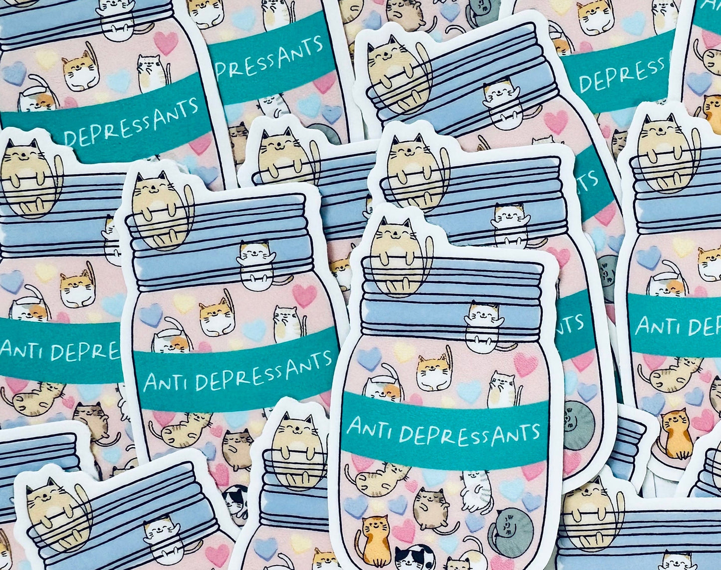 Feline Therapy Weatherproof Sticker: Mason Jar of Cat Anti-Depressants maedaymaedaymaeday
