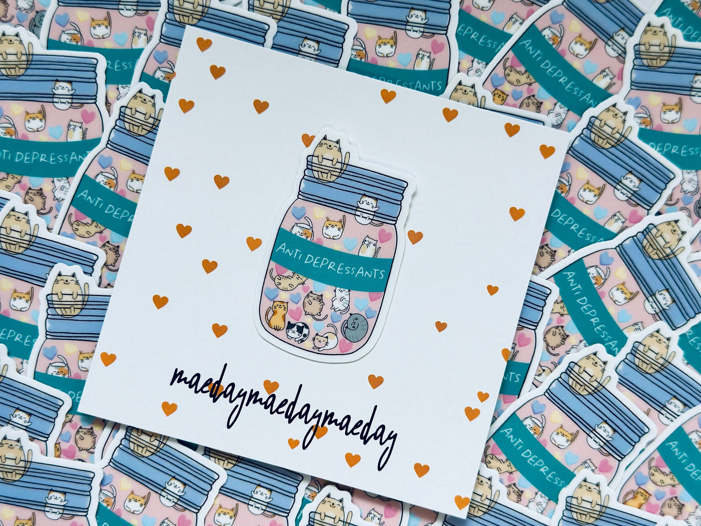 Feline Therapy Weatherproof Sticker: Mason Jar of Cat Anti-Depressants maedaymaedaymaeday