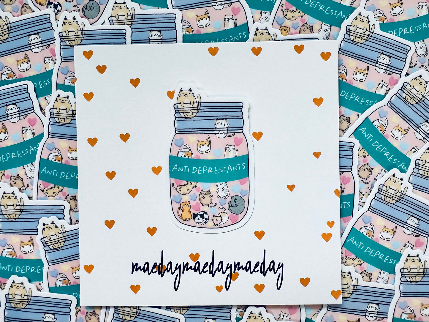 Feline Therapy Weatherproof Sticker: Mason Jar of Cat Anti-Depressants maedaymaedaymaeday