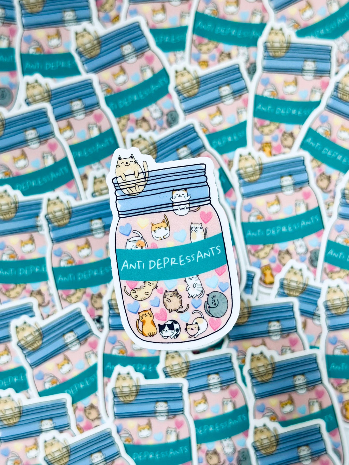 Feline Therapy Weatherproof Sticker: Mason Jar of Cat Anti-Depressants maedaymaedaymaeday