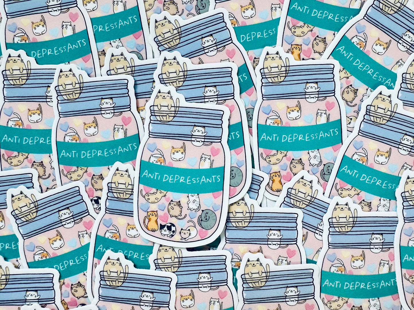 Feline Therapy Weatherproof Sticker: Mason Jar of Cat Anti-Depressants maedaymaedaymaeday