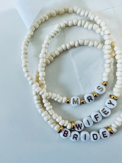 BRIDE, WIFEY or MRS Beaded Bracelet Set, Gift Jewelry for Bride Future Mrs Gifts Bride to Be Bracelet Beaded Bracelet Bridal Shower Gift - maedaymaedaymaeday