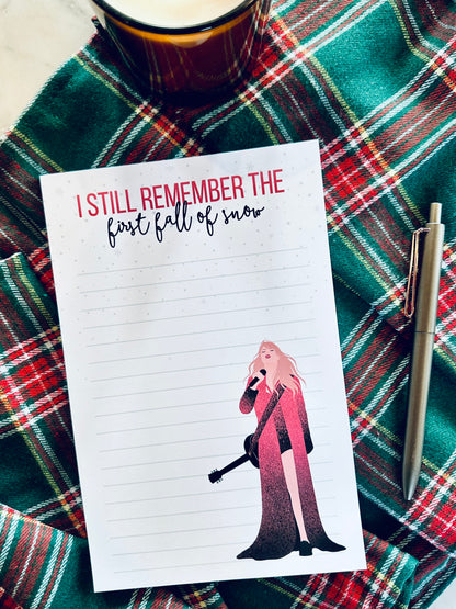 Christmas/Fall Pop Culture Queen Quarter Page Notepad, I Still Remember the First Fall of Snow, All Too Well Notepad, Red Era Merch Notepad maedaymaedaymaeday