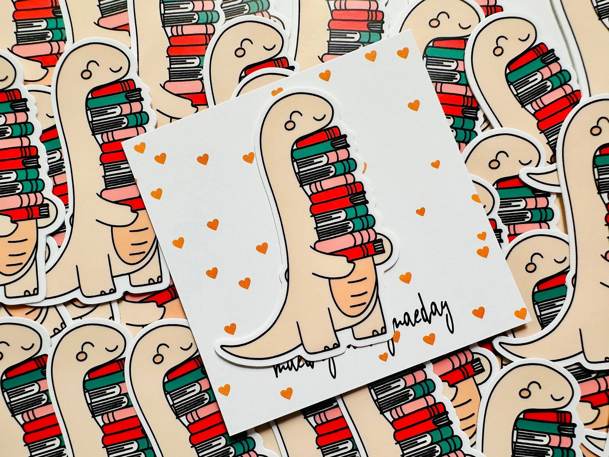 Dinosaur Book Lover Sticker, Dino Stack of Books Sticker, TRL Dino, Permanent Sticker, Trendy Sticker for Kindle, Laptop, Booktok, Bookish maedaymaedaymaeday