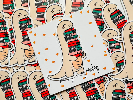 Dinosaur Book Lover Sticker, Dino Stack of Books Sticker, TRL Dino, Permanent Sticker, Trendy Sticker for Kindle, Laptop, Booktok, Bookish maedaymaedaymaeday