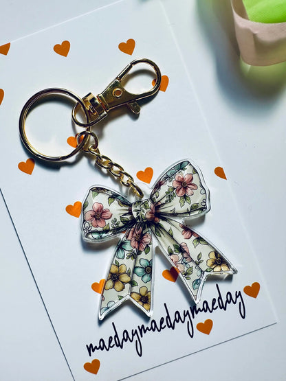 Floral, Coquette Bow Acrylic Keychain, Floral Ribbon and Bows, Dainty Trendy Keychain Aesthetic, Cute Trendy Bow Obsessed Girly Keychain maedaymaedaymaeday