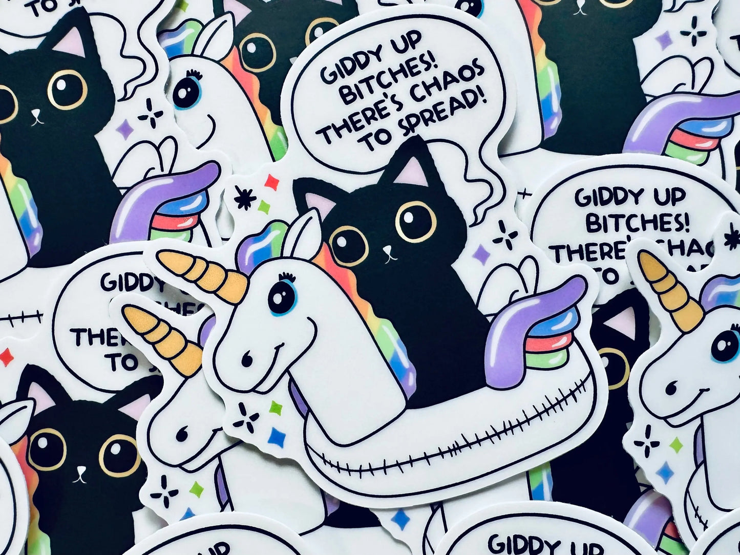 Giddy Up Bitches! There's Chaos to Spread Sticker, Black Cat Sticker, Unicorn Floatie Sticker, Chaos Creator Gift maedaymaedaymaeday