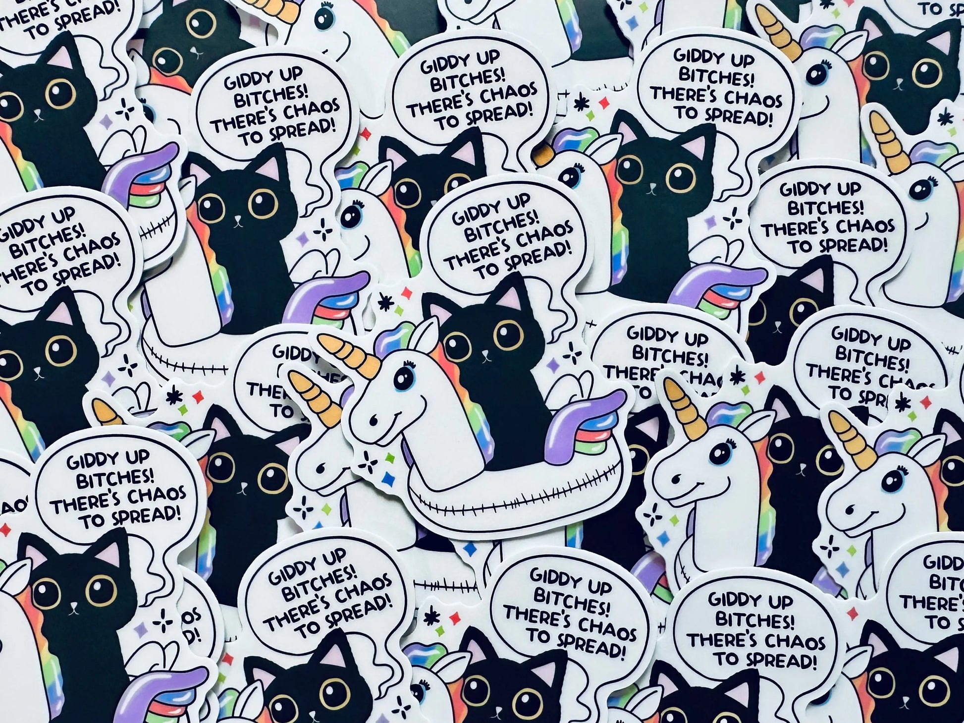 Giddy Up Bitches! There's Chaos to Spread Sticker, Black Cat Sticker, Unicorn Floatie Sticker, Chaos Creator Gift maedaymaedaymaeday