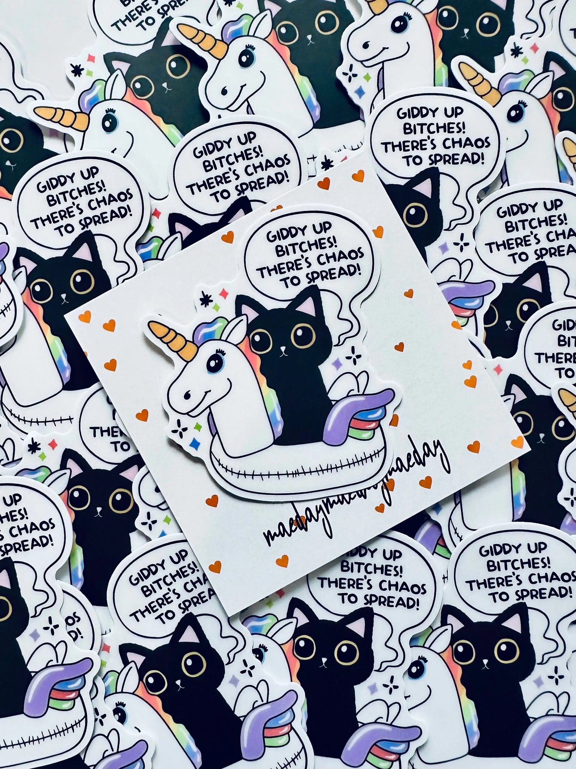 Giddy Up Bitches! There's Chaos to Spread Sticker, Black Cat Sticker, Unicorn Floatie Sticker, Chaos Creator Gift maedaymaedaymaeday