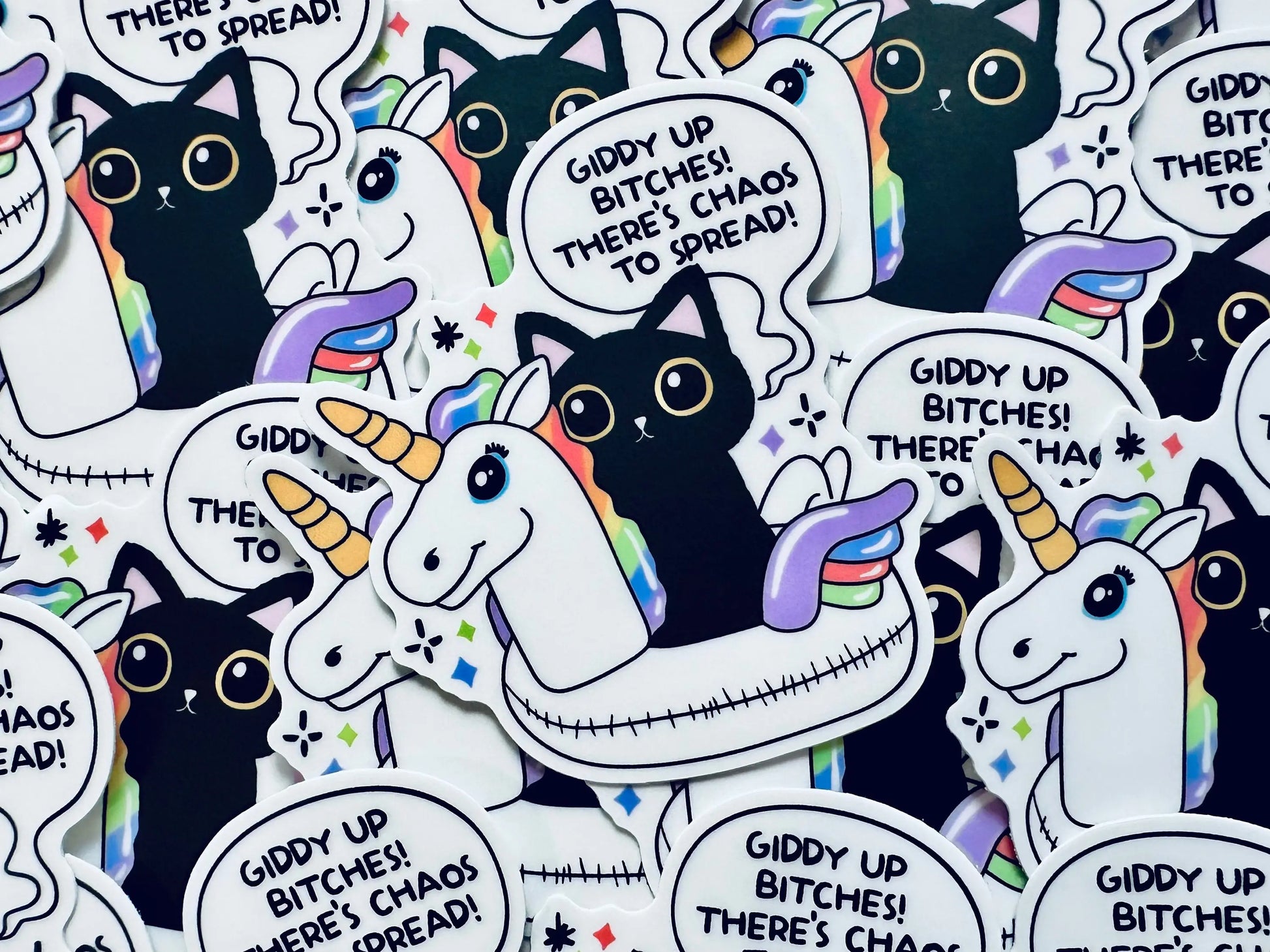 Giddy Up Bitches! There's Chaos to Spread Sticker, Black Cat Sticker, Unicorn Floatie Sticker, Chaos Creator Gift maedaymaedaymaeday